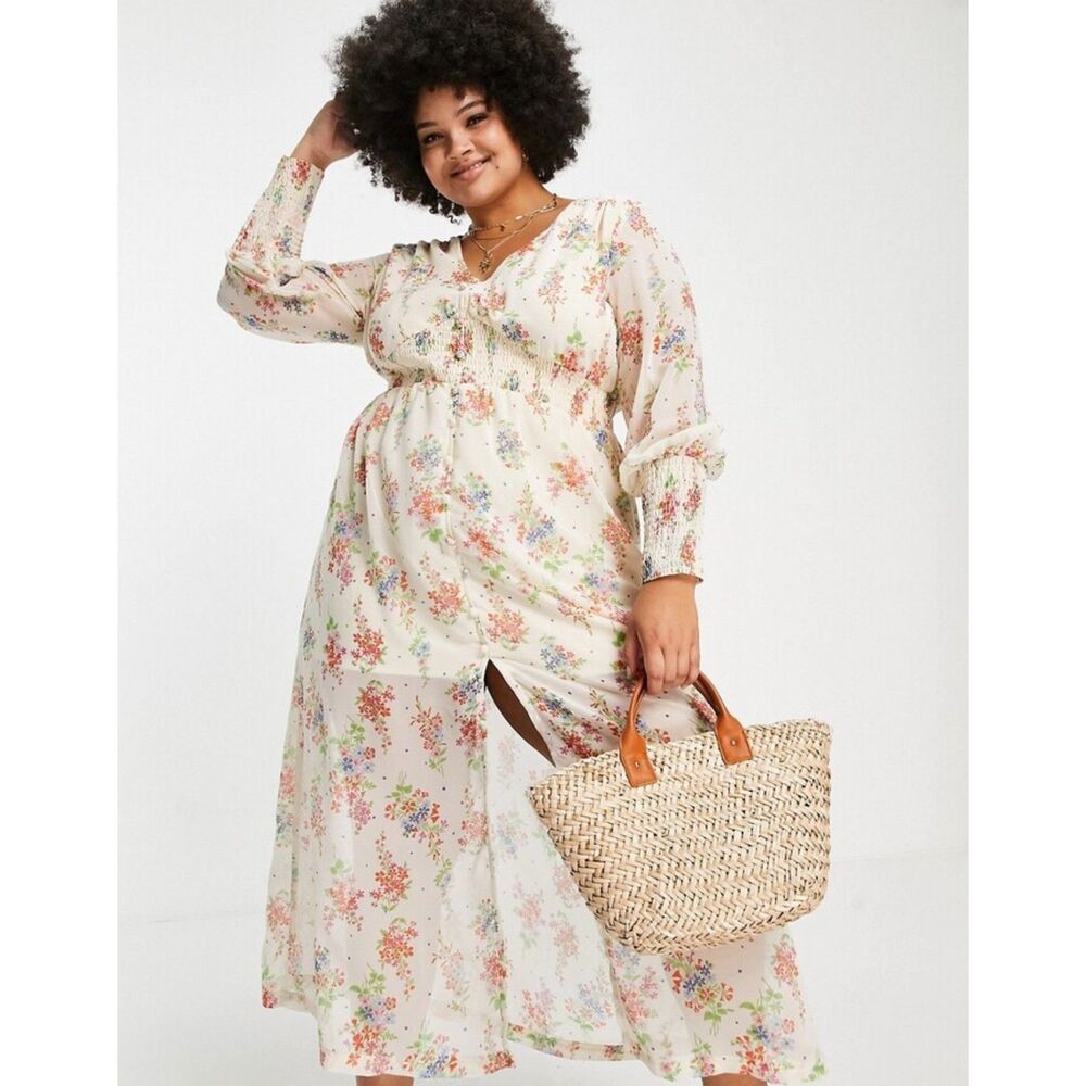 Simply Be ASOS Floral Button Front Maxi Dress Cream Plus Size Women's 20 Boho